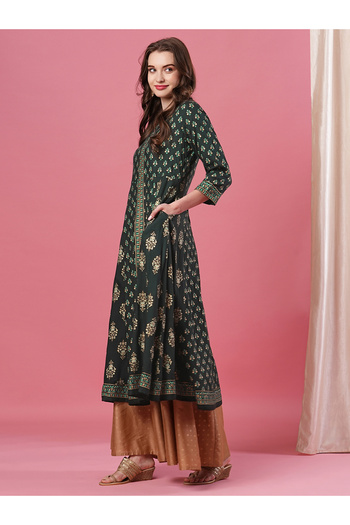 Globus By Styli Dark Green Ethnic Motifs Print Paneled Anarkali Kurta