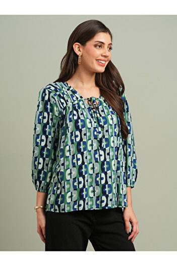Globus By Styli Green All Over Print Tie-Up Detail Top