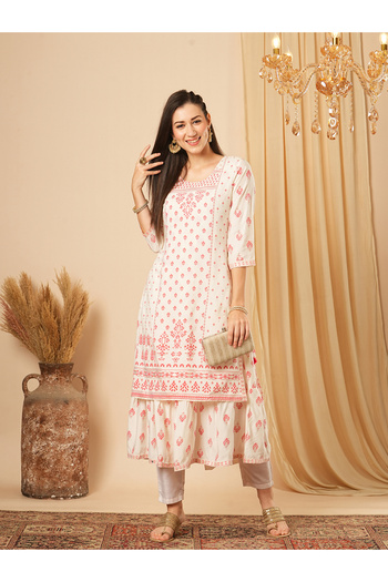 Globus By Styli Off White Gold Foil Ethnic Print Layered Festive Kurta