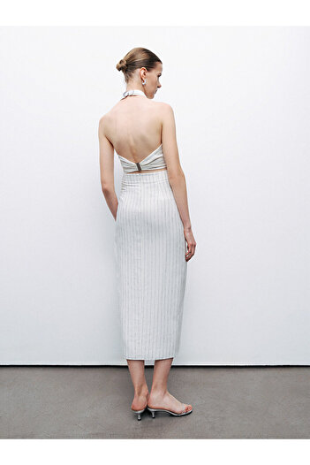 Nocturne Striped Linen Midi Skirt with Metal Accessories