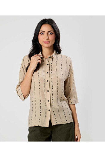 Zigzag Flared Sleeve Brown Cotton Shirt