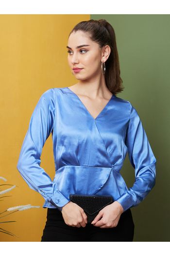 Globus By Styli Blue Satin Wrap Front Top