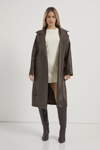 Arma Life Armalife 1041 Faux Leather Women's Trench Coat with Belt and Pocket Detail