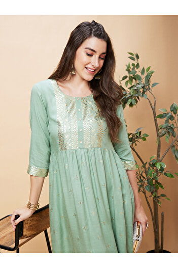 Globus By Styli Green Ethnic Motifs Gold Print A-Line Kurta