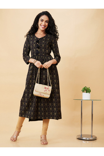Globus By Styli Black Printed V Neck A-Line Kurta
