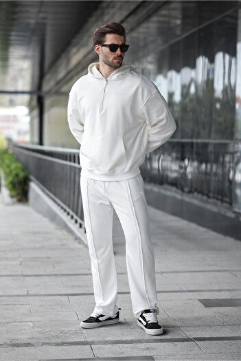 Madmext Ecru Half Zipper Hooded Men's Tracksuit Set E7332
