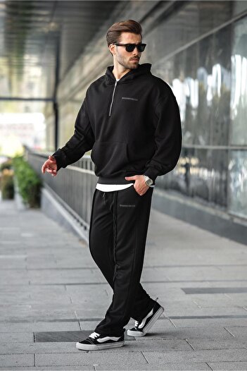 Madmext Black Half Zipper Hooded Men's Tracksuit Set E7332