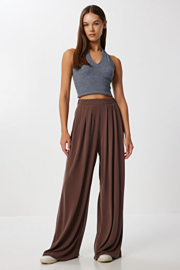 Lovelyİstanbul Wide Leg Flowy Modal Pants Lub0208 Brown