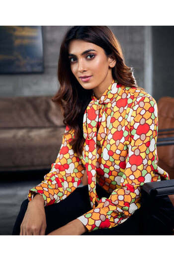 Zigzag Neck Tie Printed Chiffon Top