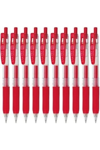 Zebra Technologies Zebra Sarasa Clip 1.0 Retractable Gel Ink Pen, Rubber Grip, 1.0mm, Red Ink, Value Set of 10