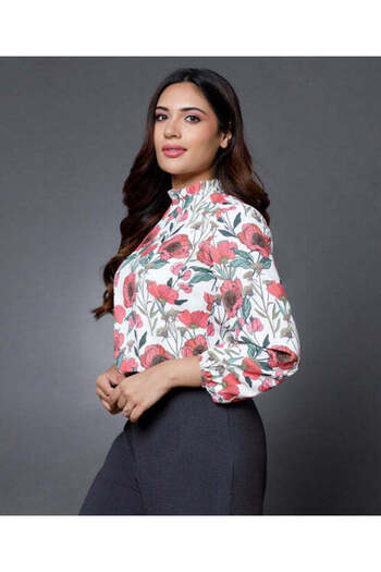 Zigzag Long Sleeve Satin Printed Formal Top
