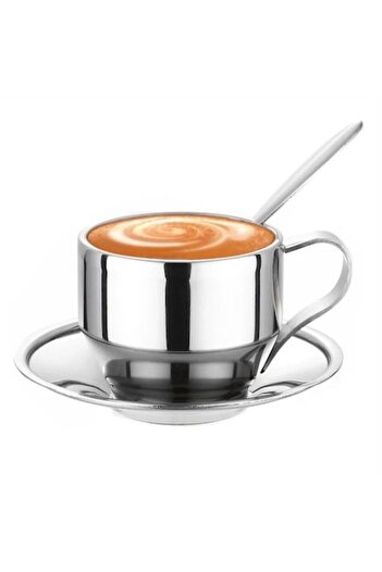 Blusmart Set cup, saucer and spoon made of stainless steel, 125 ml