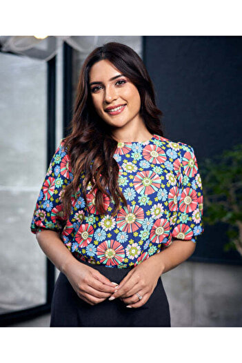 Zigzag Half Sleeve Blue Printed Chiffon Top