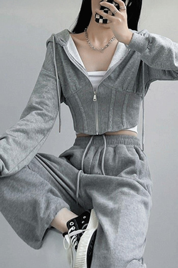 Karakedi Gray Melange Corset Cut Y2K Crop Cardigan & Sweatpants Set