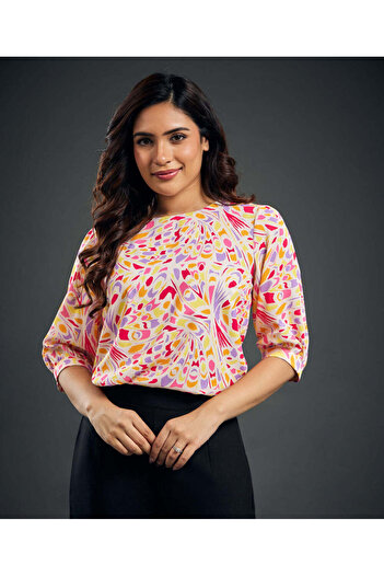 Zigzag Half Sleeve Printed Chiffon Peach Top