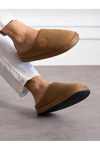 Jackers Embroidered Ribbed Pattern Comfortable Soft Silent Sole Fur Lined Men's House Slippers