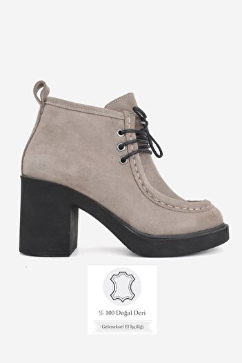 TUNAELLİ Women's Mink Suede Genuine Leather Size 36-41 Thick Heel Lace-Up Ankle Boots