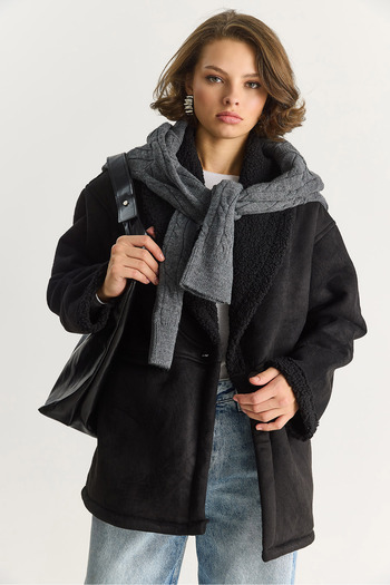 Bianco Lucci Women's Fur Lined Pocket Detailed Shawl Collar Suede Coat 2656 60281560