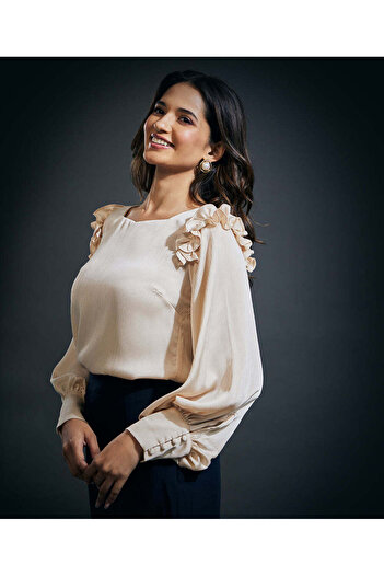 Zigzag Sleeve Detailed Shoulder Frilled Long Sleeve Top-Beige