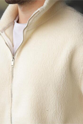 Madmext White Zippered Stand Collar Men's Fleece Cardigan E7166
