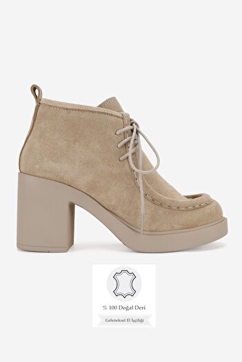 TUNAELLİ Women's Beige Suede Genuine Leather Size 36-41 Thick Heel Lace-Up Ankle Boots