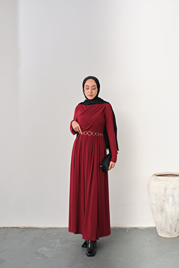 LOCCO Women's Gold Belted Pleated Detail Dress Burgundy