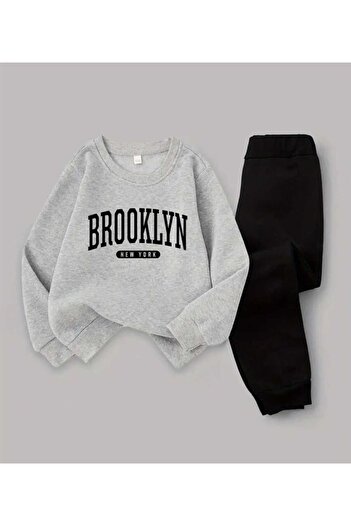 BEBEĞİME ÇORAP Children's Tracksuit Set Crew Neck Printed Sweatshirt Elastic Waist Sweatpants