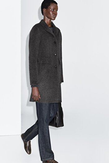 Massimo Dutti Katlı yaka yün karışımlı orta boy kaban
