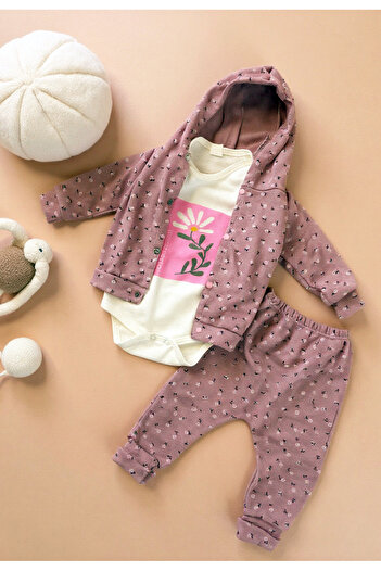 Tuabella 100% Cotton 3-Piece Baby Girl Set (Snap Fastener Bodysuit + Cardigan + Bottoms)