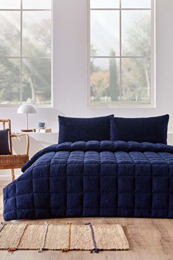 Özdilek Navy Blue Nova Quilt (Without Pillow) Sherpa Blanket Textured Double Size (195X215)