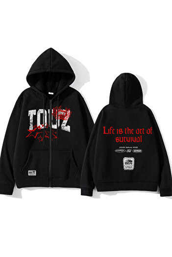 Touz Moda Streetwear Printed Oversize Zippered Black Unisex Hooded Cardigan