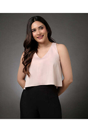 Zigzag Silk Satin Vneck Sleeveless Beige Top
