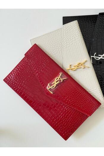 Saint Laurent Croco Leather Wallet Envelope Style Red Color