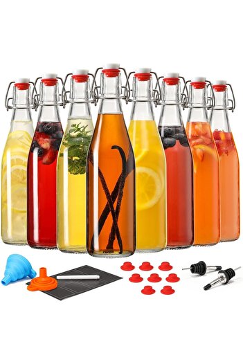 Velora World 8 Pack 16oz Glass Bottles – Flip Top Airtight Lids with Labels, Pen & 2 Pourers