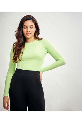 Zigzag Long Sleeve Round Neck Rib Top- Electric Green