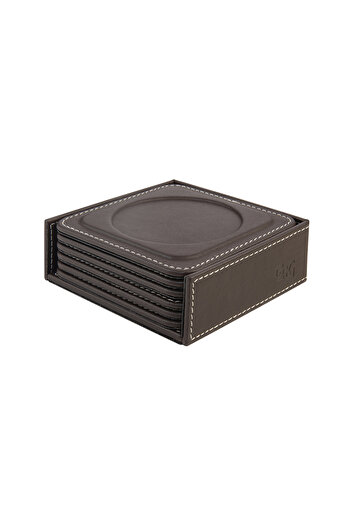 2K Coasters, Set of 6, Desktop Round Cup Coaster, Vegan Faux Leather, 11X11 Cm., Brown