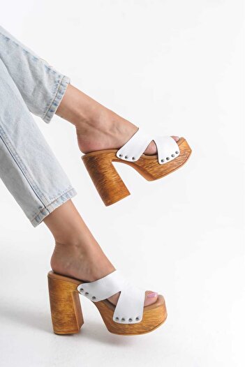 ERNİLA Takunya White Genuine Leather Women's High Heel Slippers