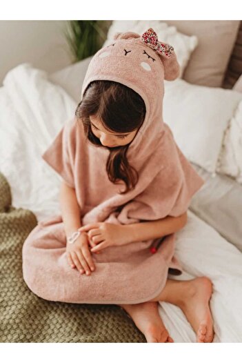 GÜRPAMUK HOME & BABY Outlet 100% Cotton Girls-Boys Children's Sea, Beach, Pool, Bath Hooded Towel Poncho 4/6 Years Old Rabbit