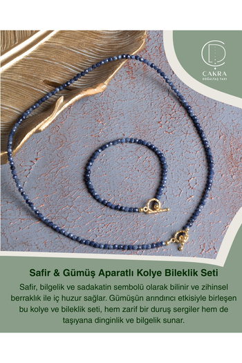 ÇAKRA DOĞAL TAŞ Sapphire & Silver Apparatus Necklace Bracelet Set