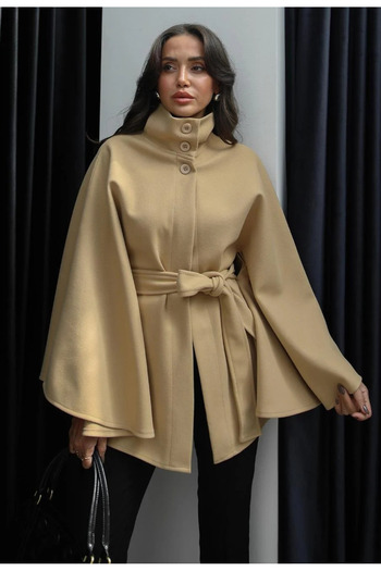 My Blog Camel Buttoned Belted Cashmere Poncho - 2055