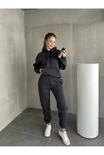 Asfa Moda Γυναικείο σετ αθλητικών ενδυμάτων με κουκούλα από ανθρακί με τρεις κλωστές