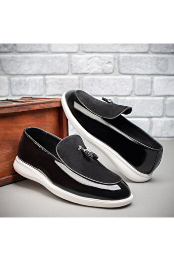 BMoD Black men's glossy loafers with tassels MOD09060