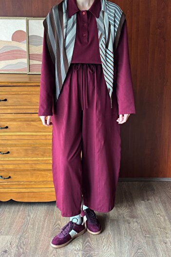 Ceylan Otantik Burgundy Polo Neck Single Jersey Bodysuit & Shalwar Pants Set