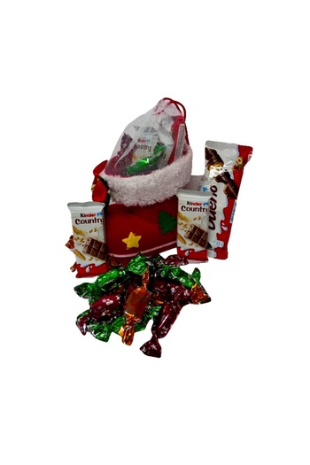 velve Secret Package, with a selection of sweets and Christmas candies, packaged in a Christmas-themed boot