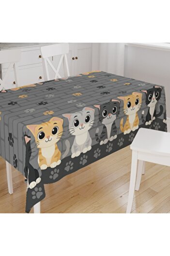 Else Dekor Colorful Cats Grey Wall Pattern Digital Printing Suede Fabric Kitchen Tablecloth
