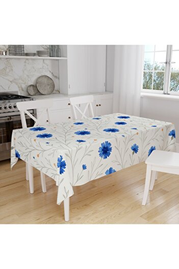 Else Dekor Blue Wildflowers Patterned Digital Printing Suede Fabric Kitchen Tablecloth