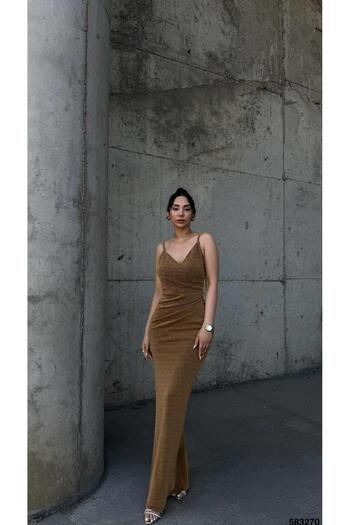 Modafeminen Flowers Flexible Fabric Piping Strap Pleated Detail Evening Dress 583270 Gold