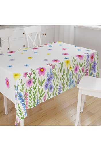 Else Dekor Colorful Wildflowers Patterned Digital Printing Suede Fabric Kitchen Tablecloth