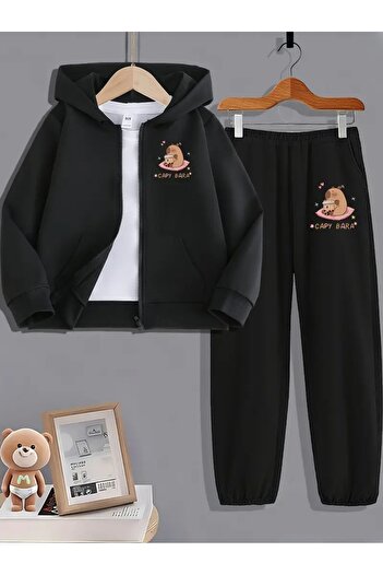 buendiakids Girl/Boy Black Capy Bara Milkshake Back and Front Printed Zippered Cardigan Tracksuit Set