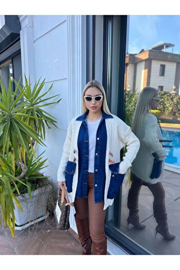 PREMİER VİE Knitwear Cardigan with Leather Buckle Front and Denim Shirt
